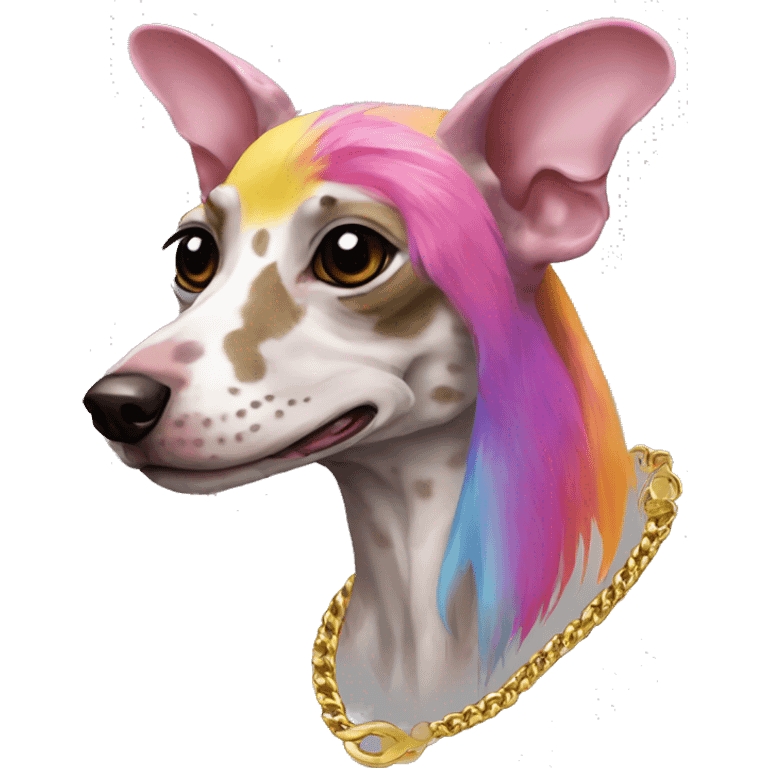 Punk Chinese crested dog rainbow gecko markings piercings gold chain tattoos emoji