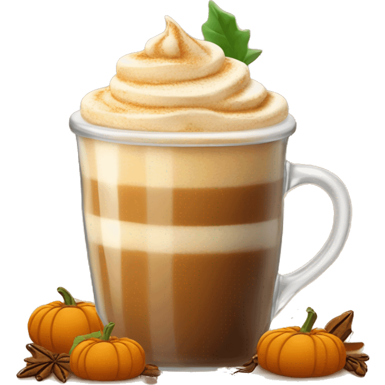 A pumpkin spice latte with leaves around it in a glass coffee mug emoji