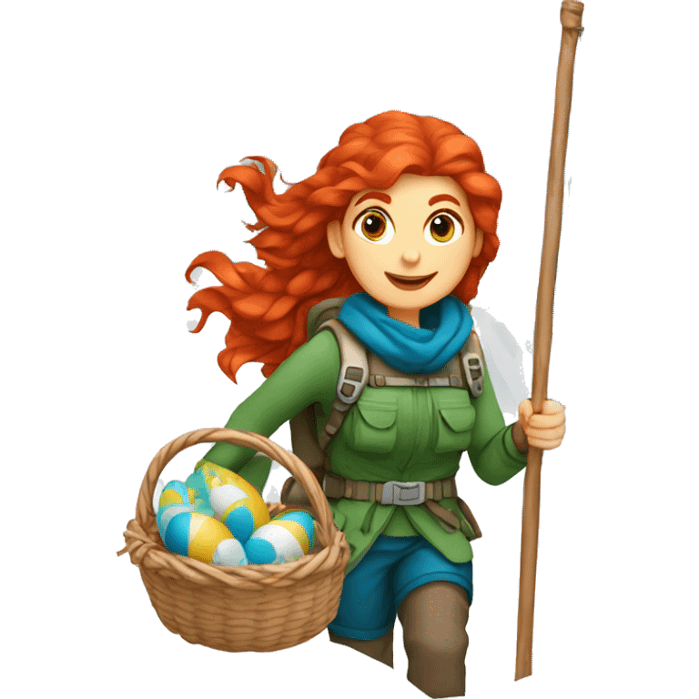 red hair female winter mountaineer climbing with Easter basket and Greek flag emoji