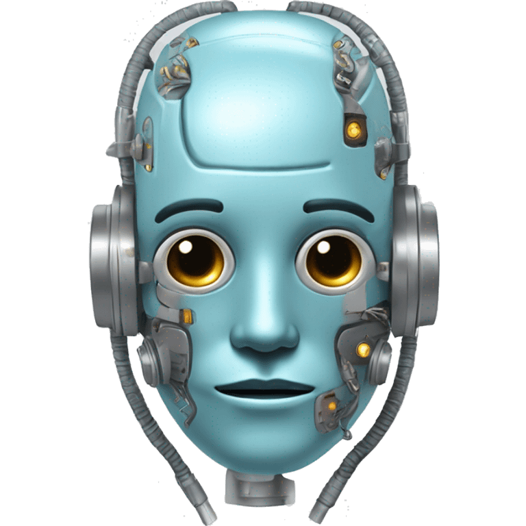 Pastel blue hair cyborg head with silver respirator mask and circuits emoji