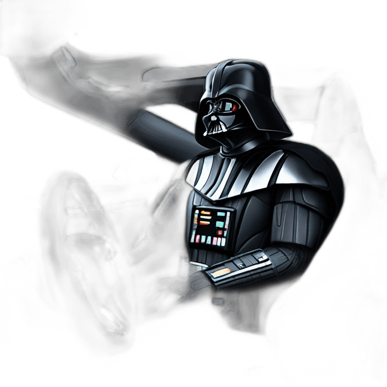 Darth Vader at the wheel of an open top all black Tesla Model 3, grey interior, front view emoji