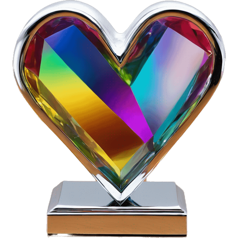 symbolic heart chrome sculpture symbolizing chromatic light with a geometric, faceted design. The heart is standing upright with angular and baroque features. The vibrant rainbow of colors highlights the sharp edges and planes.  emoji