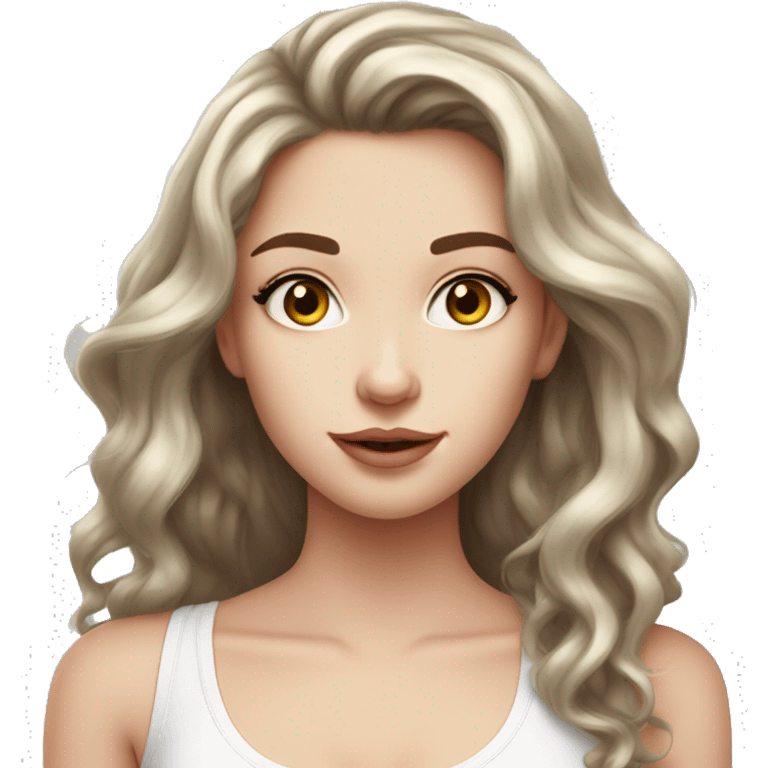 Cute girl, pale skin, big lips, wavy hair, long hair, brown hair, big lashes, white tanktop, long hair  emoji