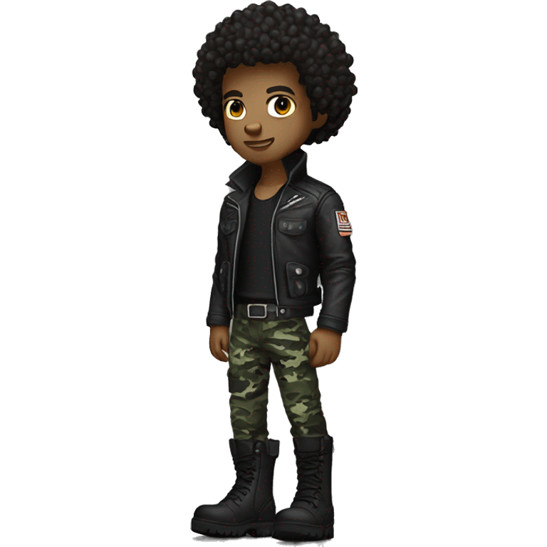 A dark skinned curly haired punk guy with urban camo pants and tactical boots and wearing a Leather jacket emoji