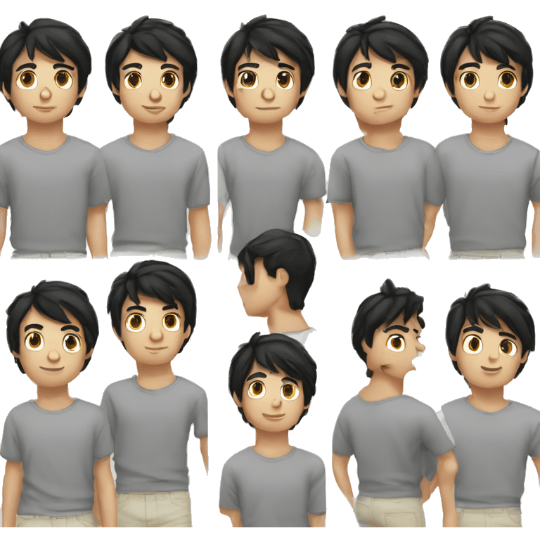 Teenager boy type italian, White skin, with straight black hair (Which go down behind to the nape of the neck), Little bit dezoom emoji