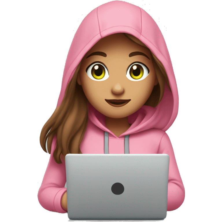 A girl with brown long hair, fair skin and green eyes, working at a modern laptop in a plain pink hoodie emoji