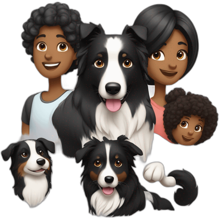 Family  man, black long hair woman and border collie, short hair, back and White, Big mole on snout emoji