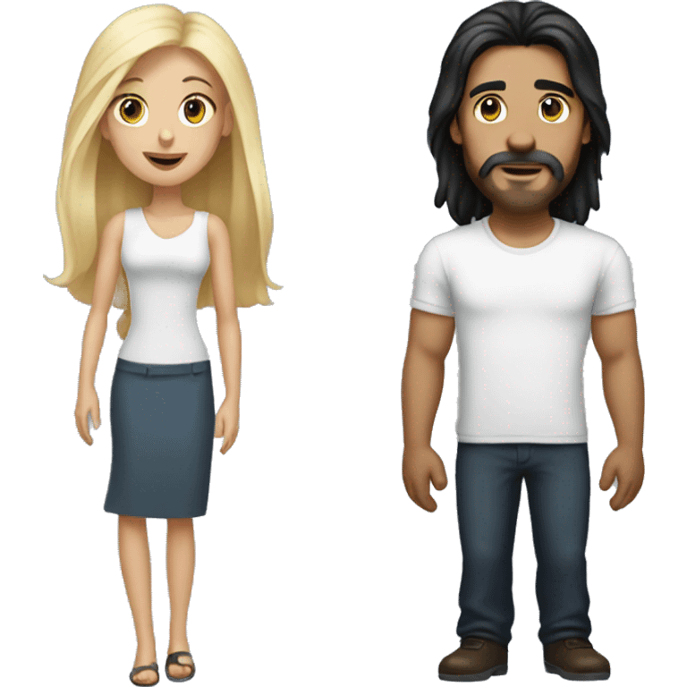 man with long black hair and no beard  with shorter long blonde hair woman emoji