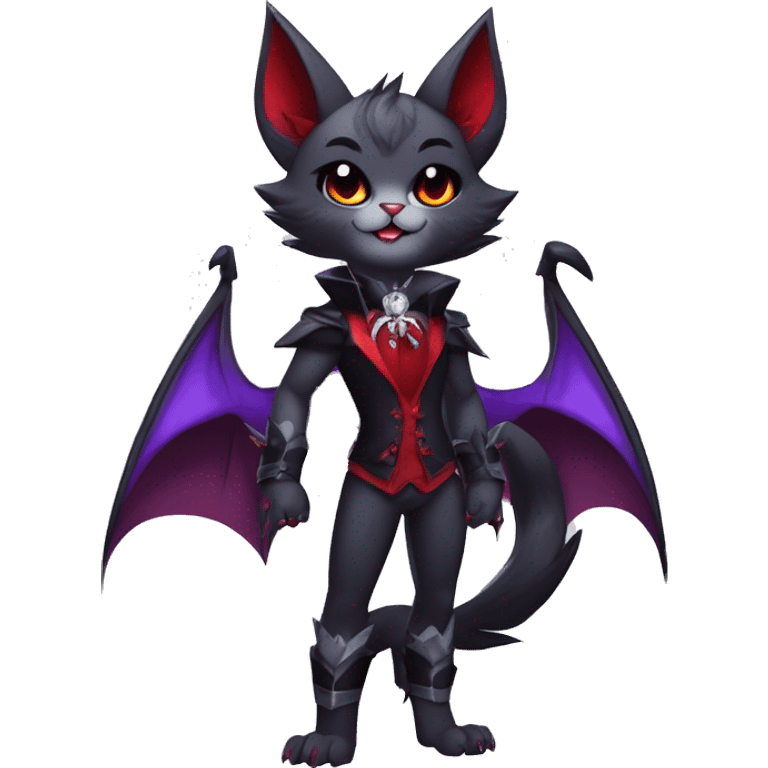 Anthro-Cute-Edgy-Cool-Vampiric-Batty-Cat-Black-Purple-Red-Grey-White-Contrast-Colors-Fantasy-Fur-Sona-Chibi-Shiny-Fakémon-Hybrid with horns and fangs and collar full body emoji