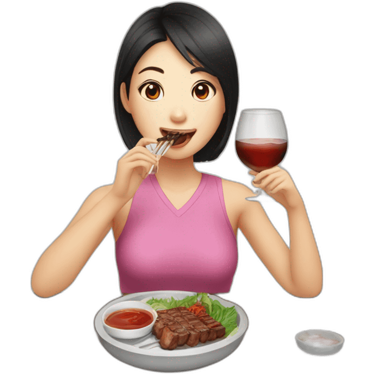 An Asian girl eating Korean bbq and drinking soju emoji