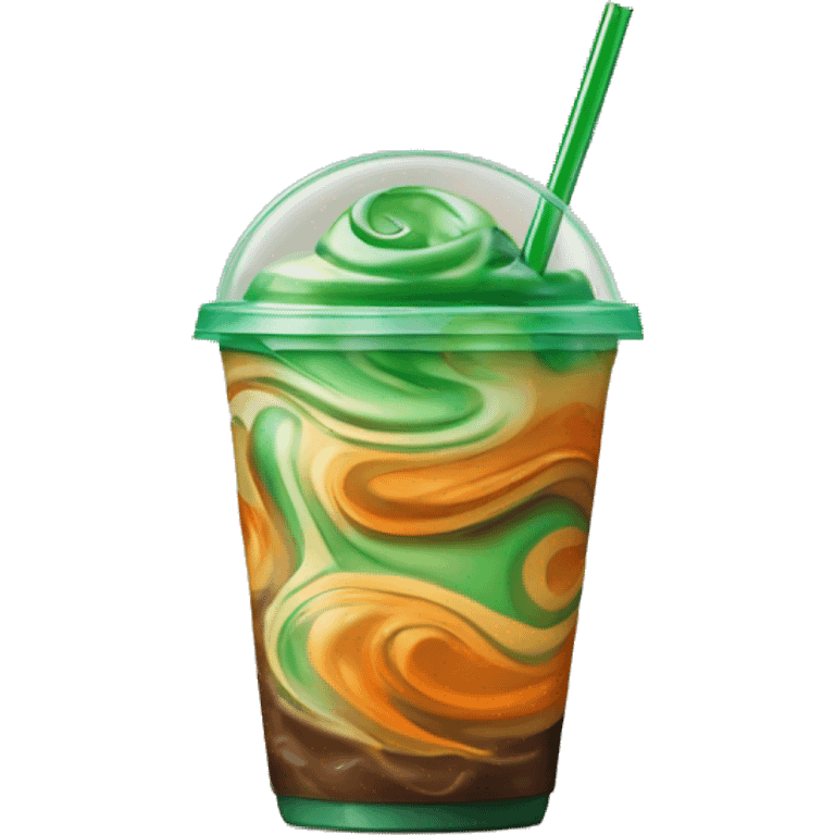 Realistic clear green ,orange,and brown swirled iced coffee inside and green curled straw in the top of the lid. emoji