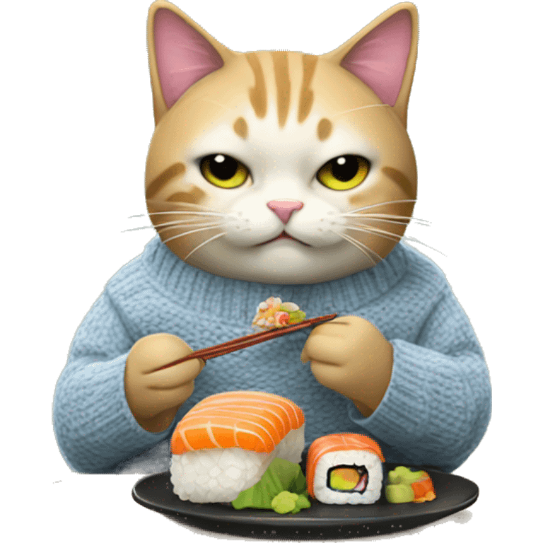 A cat wearing a sweater eating sushi  emoji