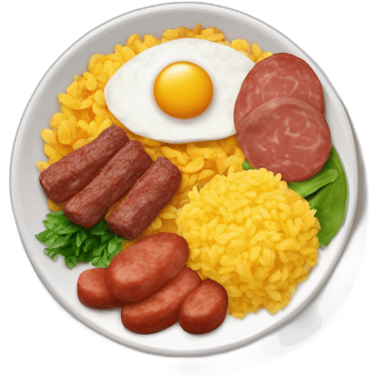 Plato de comida con arroz, frijoles, huevos fritos, chorizos y carne molida emoji