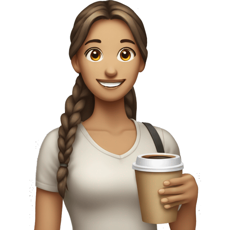 smiling girl with long hair ponytail standing with a coffee in her hands emoji