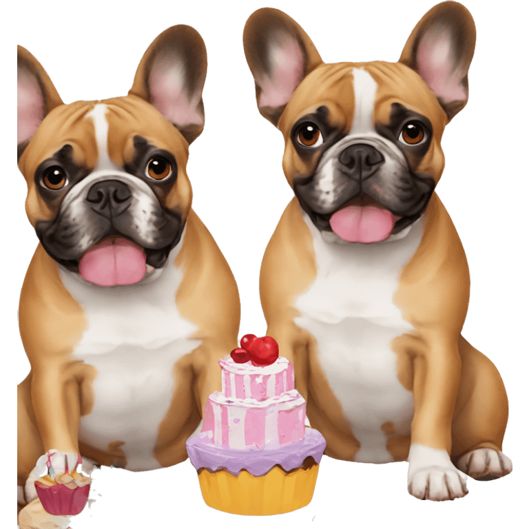 two french bulldogs birthday hats and cake emoji