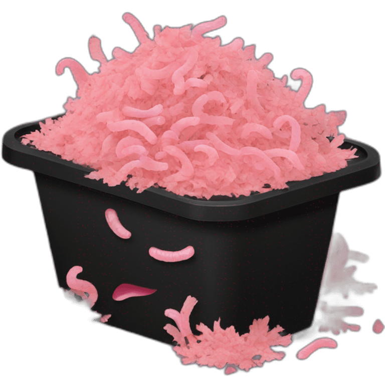 Black cubic plastic container with wood shavings and pink worms inside emoji