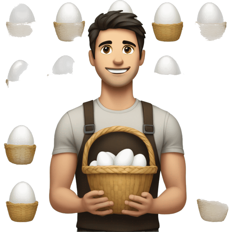 Buff white young man with dark hair holding one basket with a ton of eggs emoji