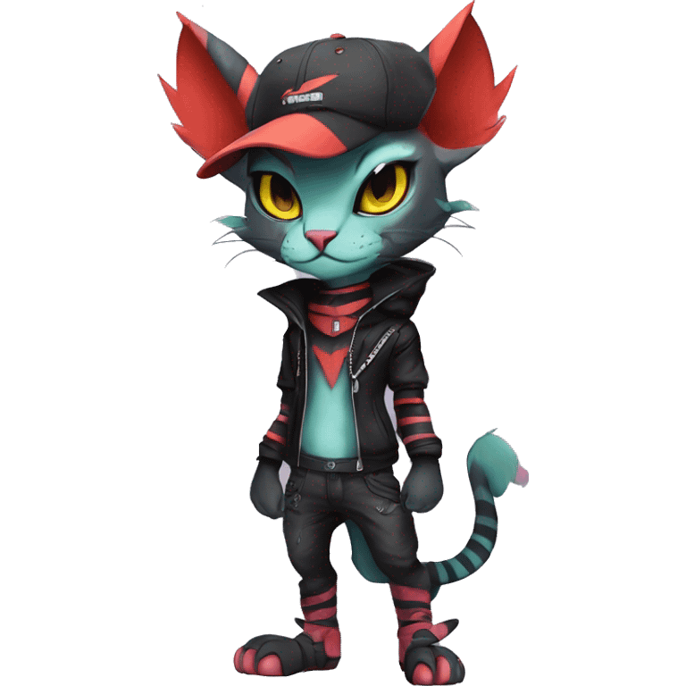 Cool Anthro Noivern-Litten-Sphynx-Pokémon with edgy stripes collar punk techwear Cap hat Full Body emoji