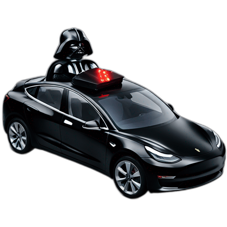 Darth Vader with lightsaver on riding a open top black Tesla Model 3 emoji