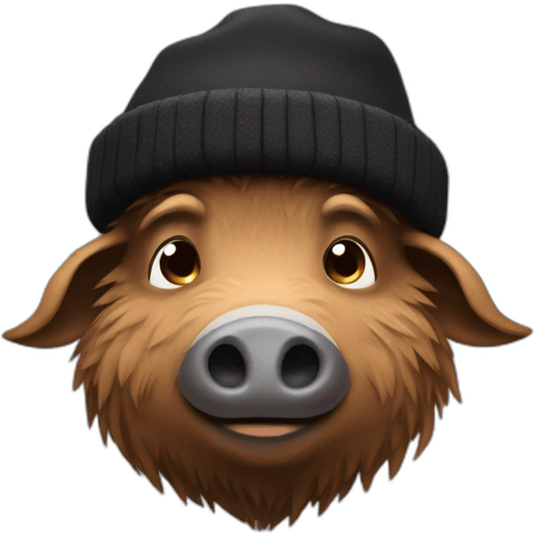 Sad brown stubble boar in a black winter hat emoji