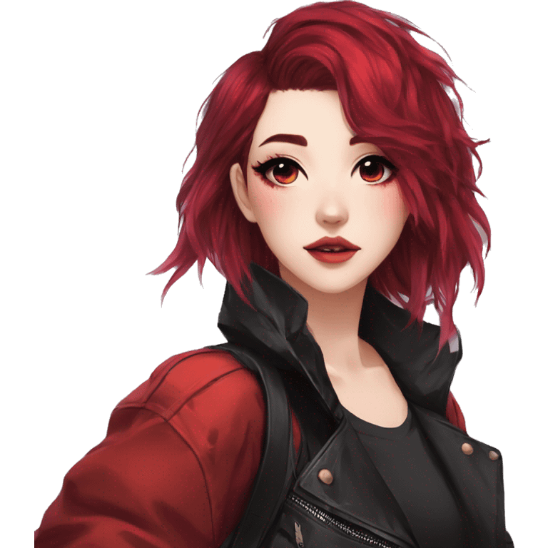 Gorgeous anime style lady with blushing face aesthetic and pretty edgy black red punk hair with hair garment trending style emoji