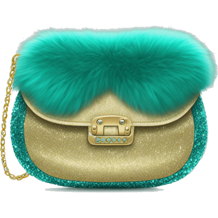 Realistic teal Sparkle glitter with fur purse isolated.  emoji