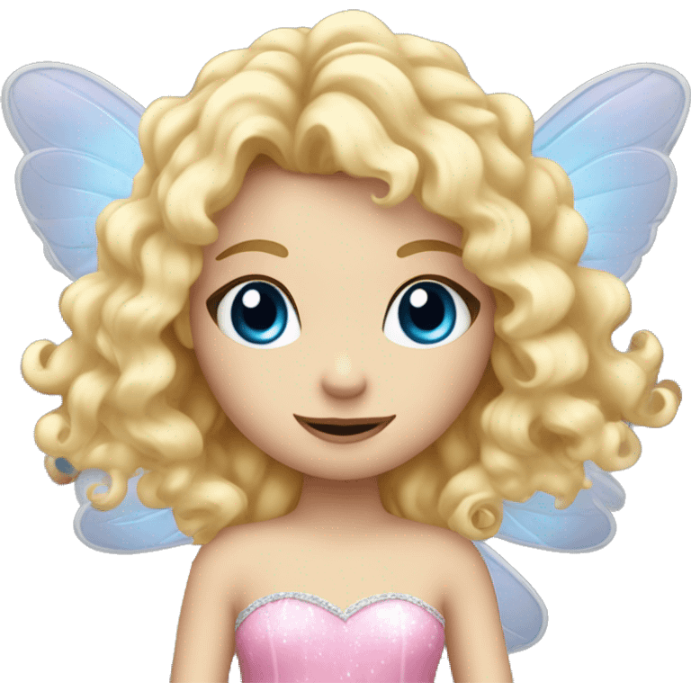 Fairy, a blonde hair with blue eyes and a pink dress with sparkly wings. White wings. The fairy has long, curly hair with a lot of volume emoji