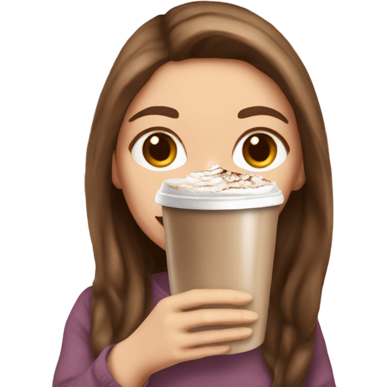 white girl with brown long hair and a hot chocolate emoji