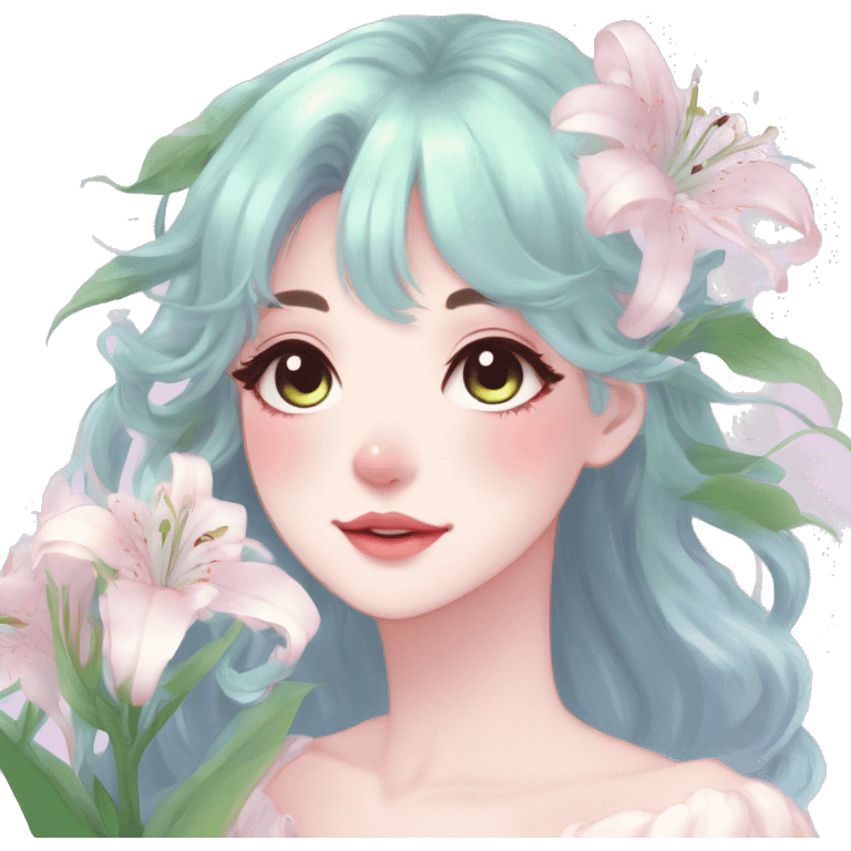 Gorgeous pastel anime style lady with blushing face and lilies cottagecore fairycore pastelcore colorful pearly romantic simplistic aesthetic trending style emoji