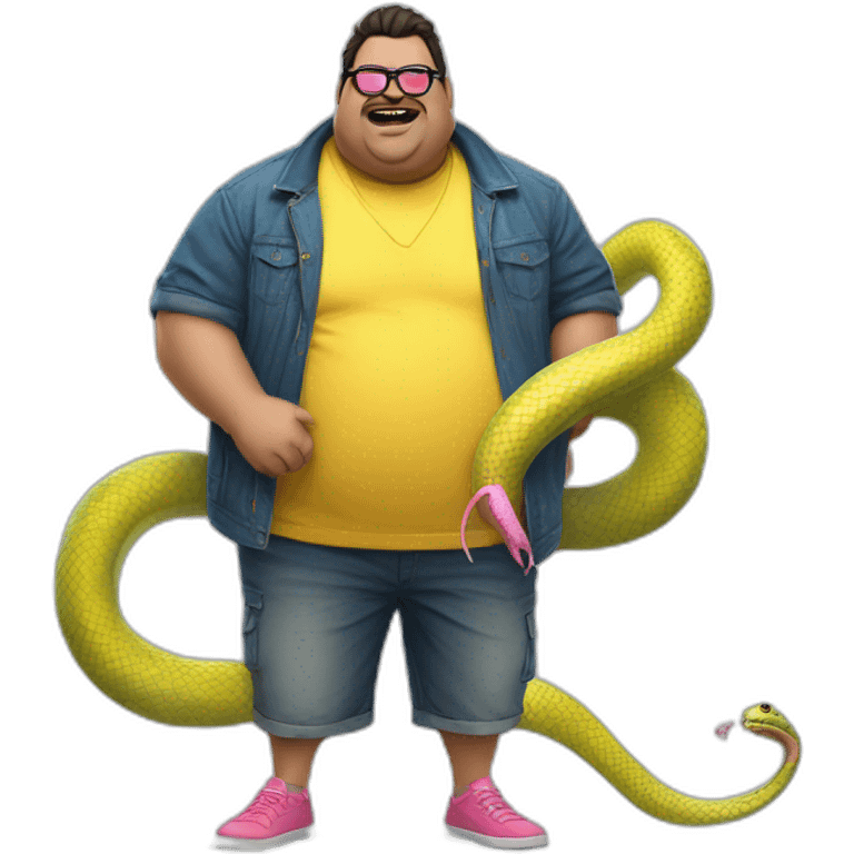 fat man with dark hair,a vibrant long yellow jacket, pink glasses, short jeans shorts. Show full lenght peson, person fighting a snake monster emoji