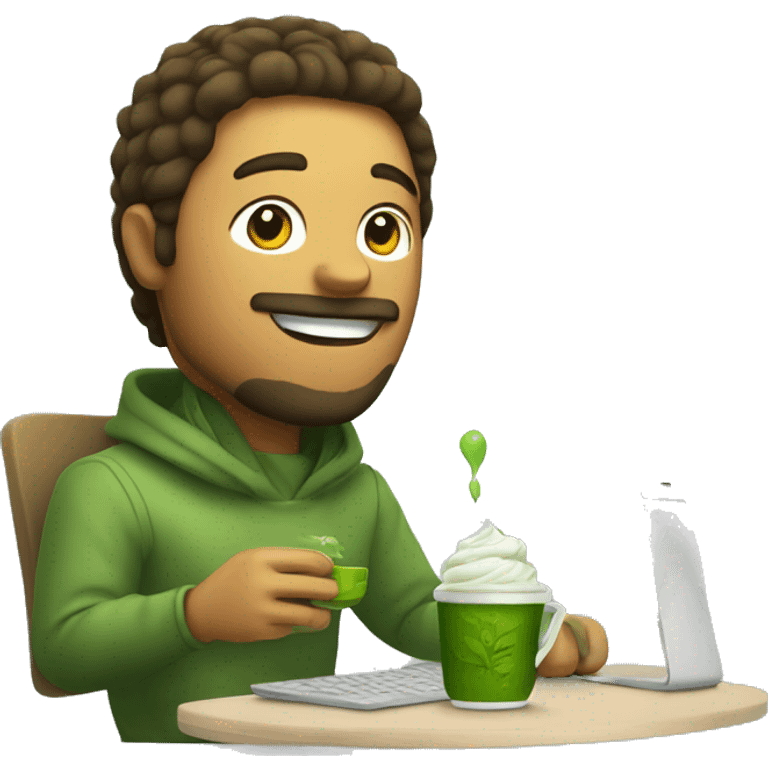 designer works on a computer and holds matcha tea in his hands
 emoji