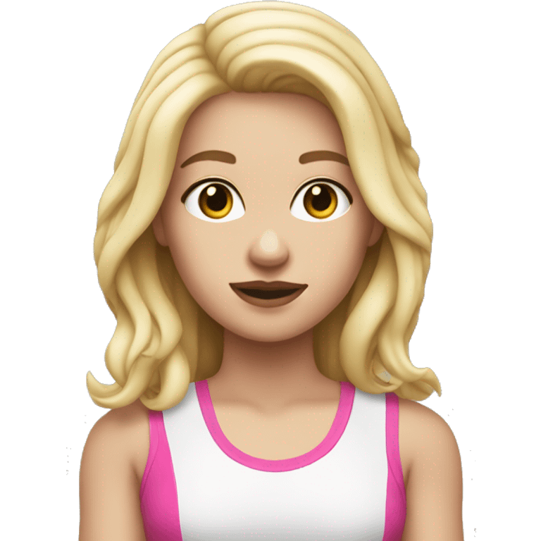 White girl, with blonde hair that has pink ends, white tank top and fishnet gloves emoji