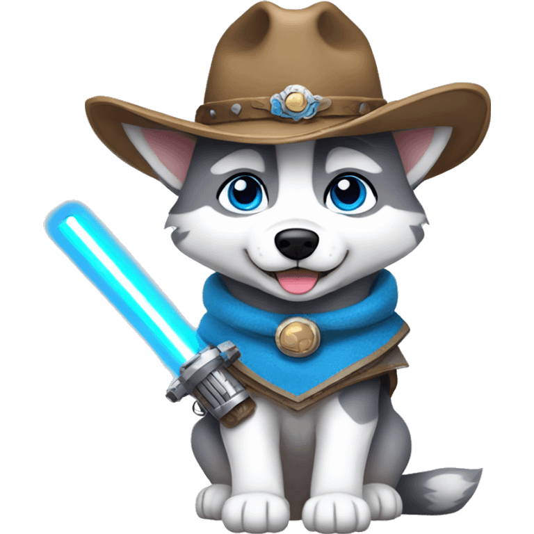 Gray Siberian Husky with blue eyes puppy wearing a cowboy hat dressed in Jedi clothing holding a lightsaber  emoji