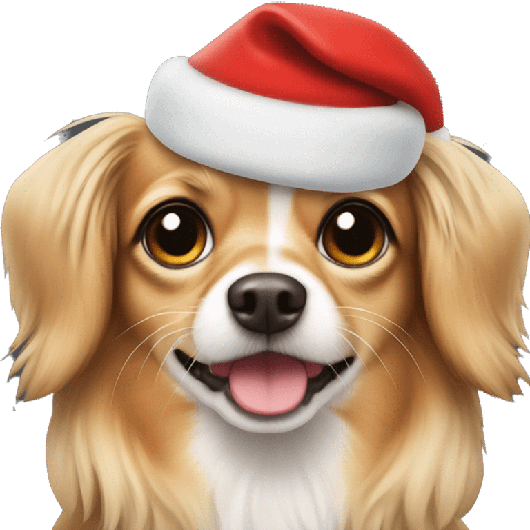 A dog that is a mix between a long haired chihuahua and a dachshund wearing a Santa hat emoji