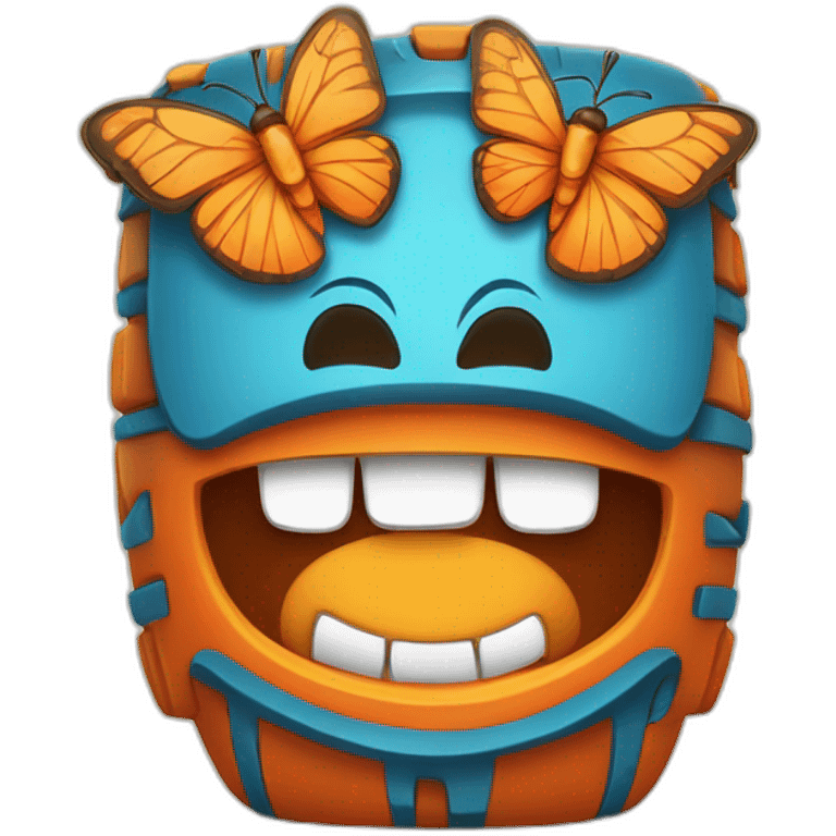 Cartoon Blue and orange smiling tiki with butterfly  emoji