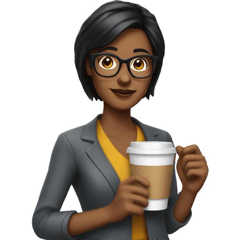 teacher wearing glasses with black hair nd coffee in her hand emoji