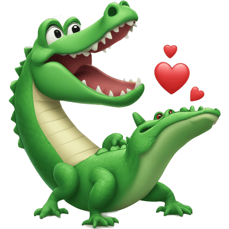 Alligator blowing a kiss with hand and cartoon hearts emoji