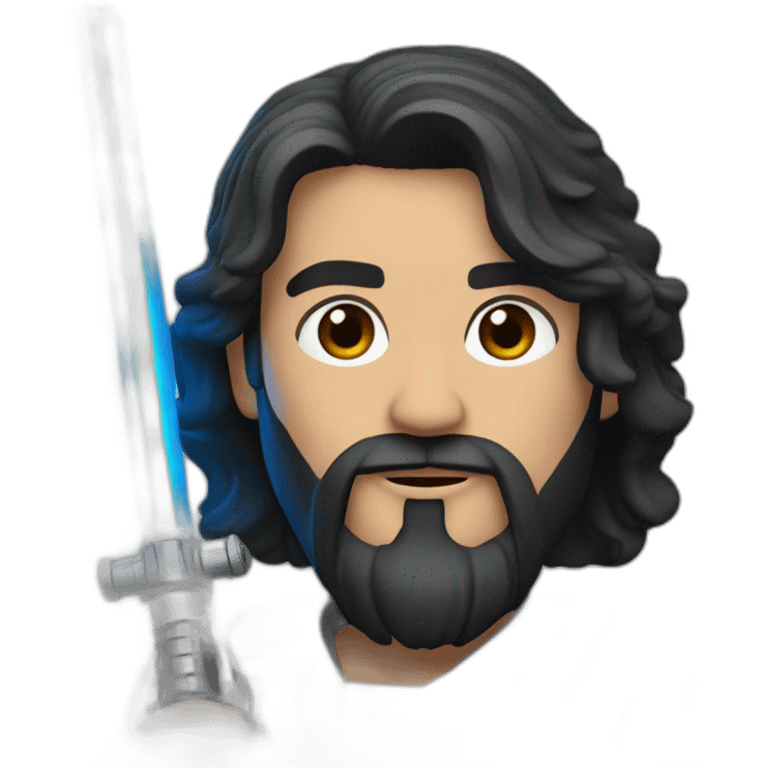 Moto A white Portuguese with black and medium-length hair and a beard that holds a blue lightsaber emoji