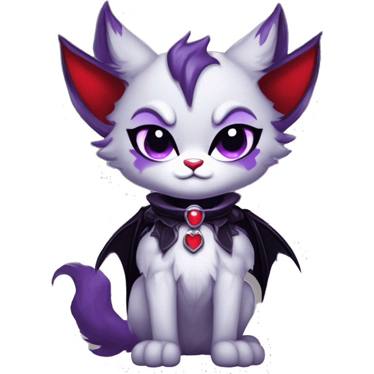 Anthro-Cute-Edgy-Cool-Vampiric-Batty-Cat-Black-Purple-Red-Grey-White-Contrast-Colors-Fantasy-Fur-Sona-Chibi-Shiny-Fakémon-Hybrid with horns and fangs and collar full body emoji