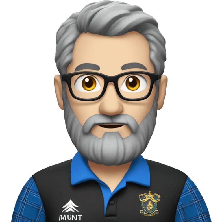 scottish dart player in Black polo with blue plaid sleeves. Dark and Grey hair, Beard around mouth and glasses emoji