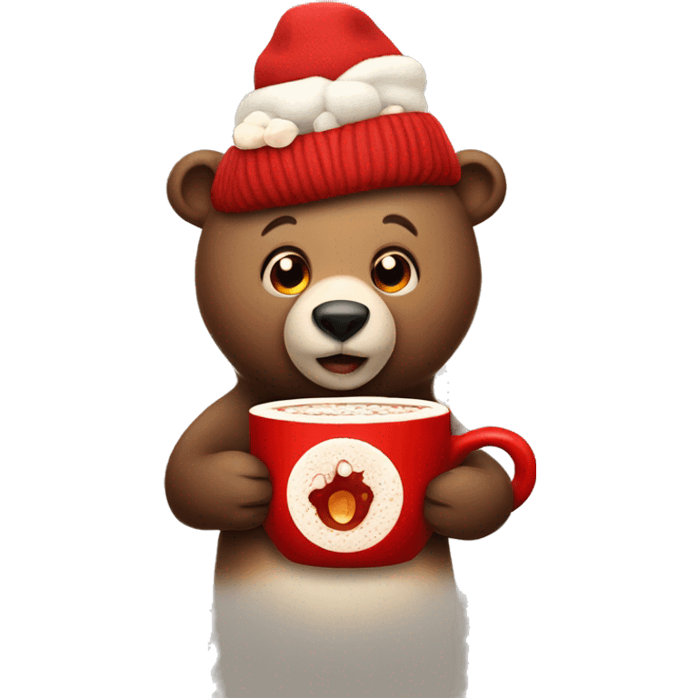 Bear in a red hat holding a cup of hot cocoa with marshmallows emoji