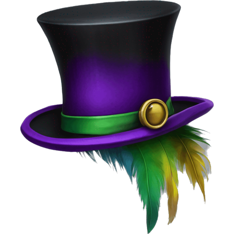 Realistic isolated black voodoo top hat with purple buckle around top of hat with purple,green,and yellow feather stuck in it. emoji