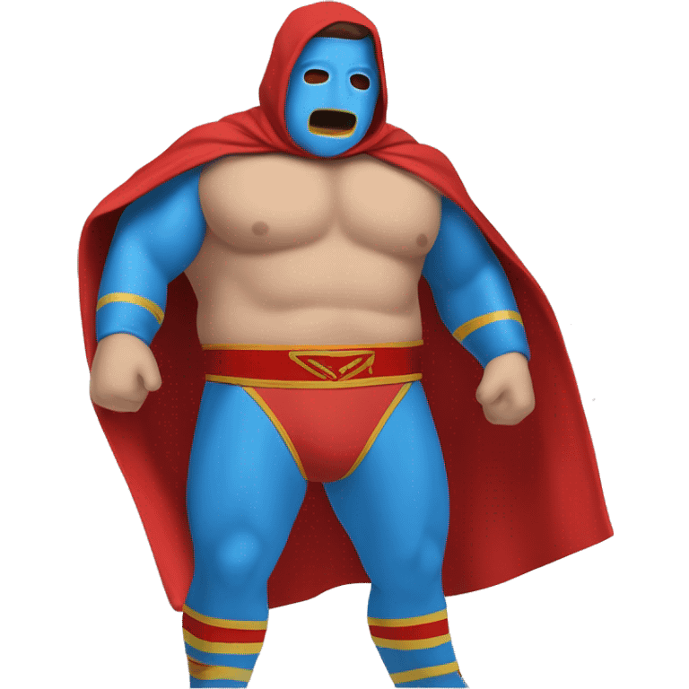 Caucasian Fat Lucia libre wrestler cape red powder blue pants mask red and powder blue red cape emoji