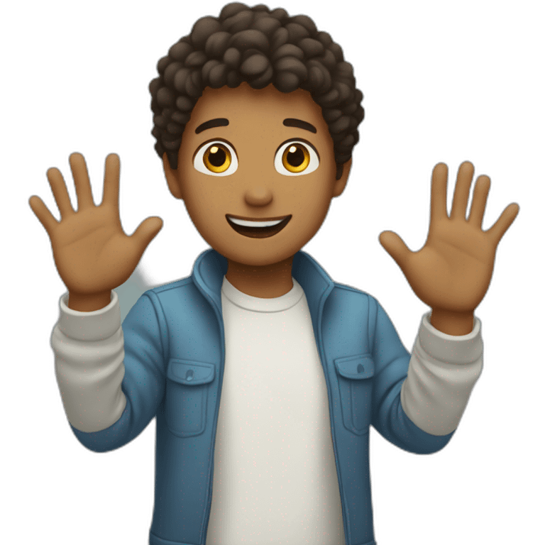 a boy waving hands to say hi emoji