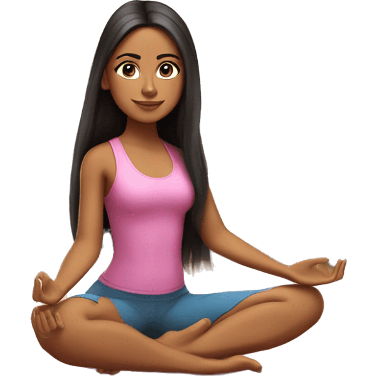 Realistic Hispanic girl with long straight hair and makeup  wearing pink doing yoga sitting on yoga mat  emoji