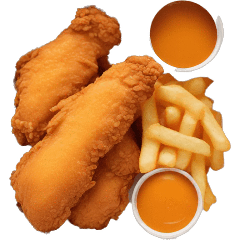 3 chicken tenders with crinkle fries and orange sauce on the side in a styrofoam container emoji