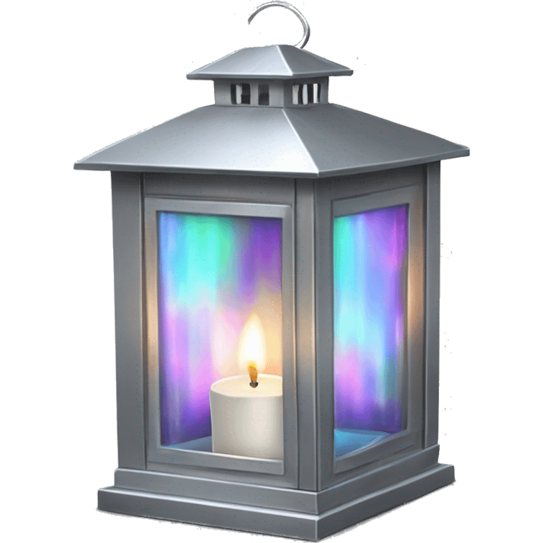 Realistic isolated metallic silver holographic lantern with glass windows and metallic silver lir candle inside. emoji