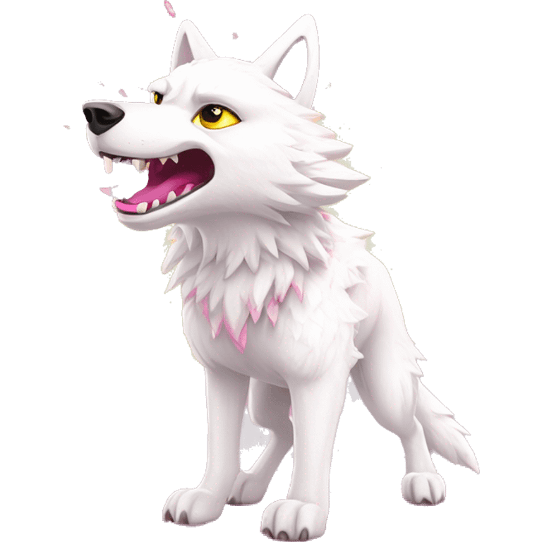 Sparkling crazy white snarling aggressive wolf dancing snow mad big eyes illustration doodle high contrast lightning bolt halo sun beams white pink yellow red party sparkle glitter emoji