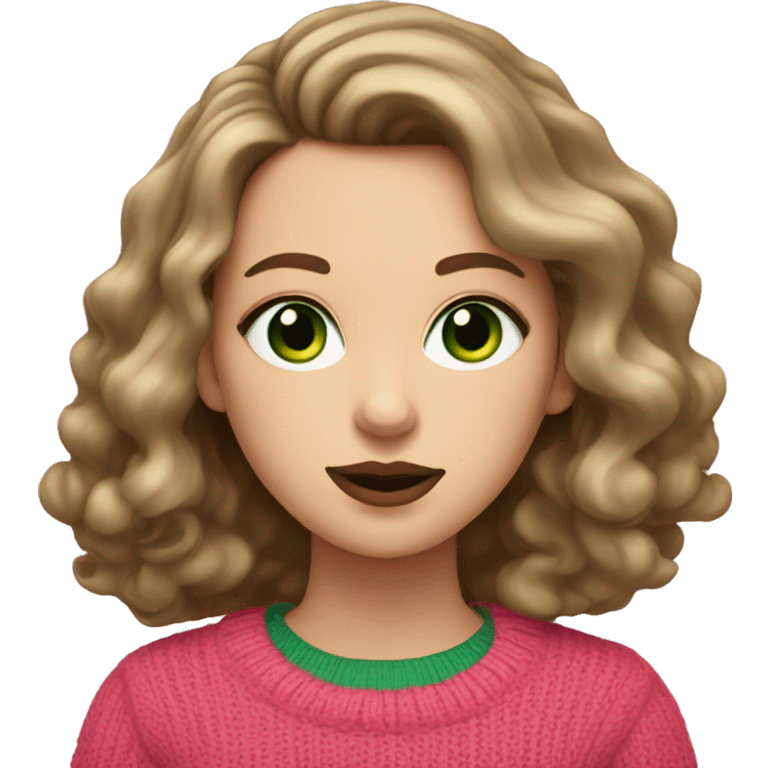 White girl with brown long curled hair and green eyes and a pink sweater with big red lips  emoji