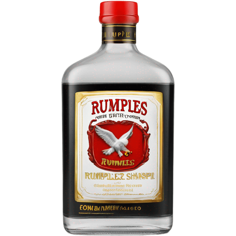 clear bottle of rumpleminze clear peppermint schnapps alcohol with a black label that has a red border and red font and the label also has a small gold eagle on the label that says “rumples” emoji